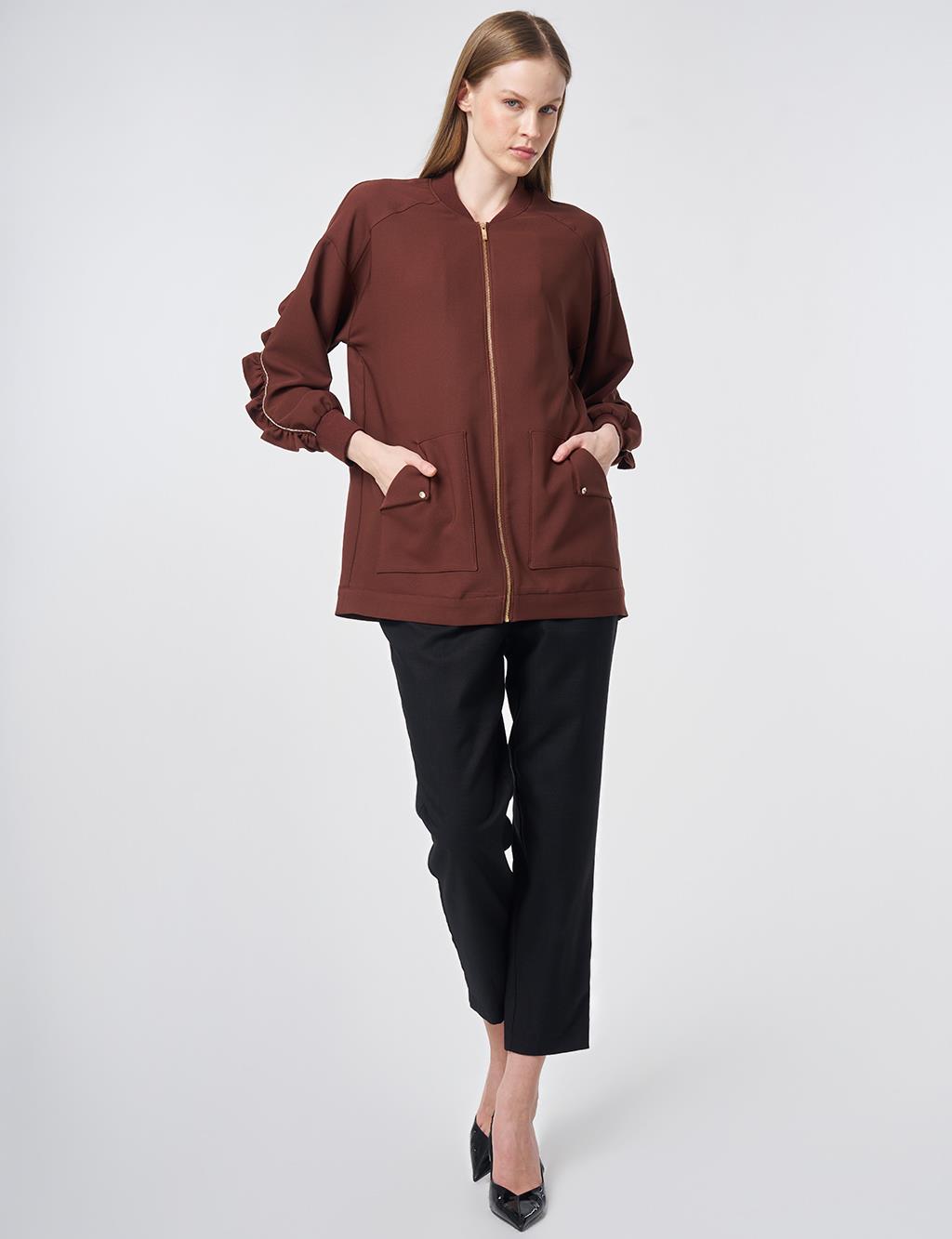 Ruffle-Detail College Collar Jacket – Chocolate