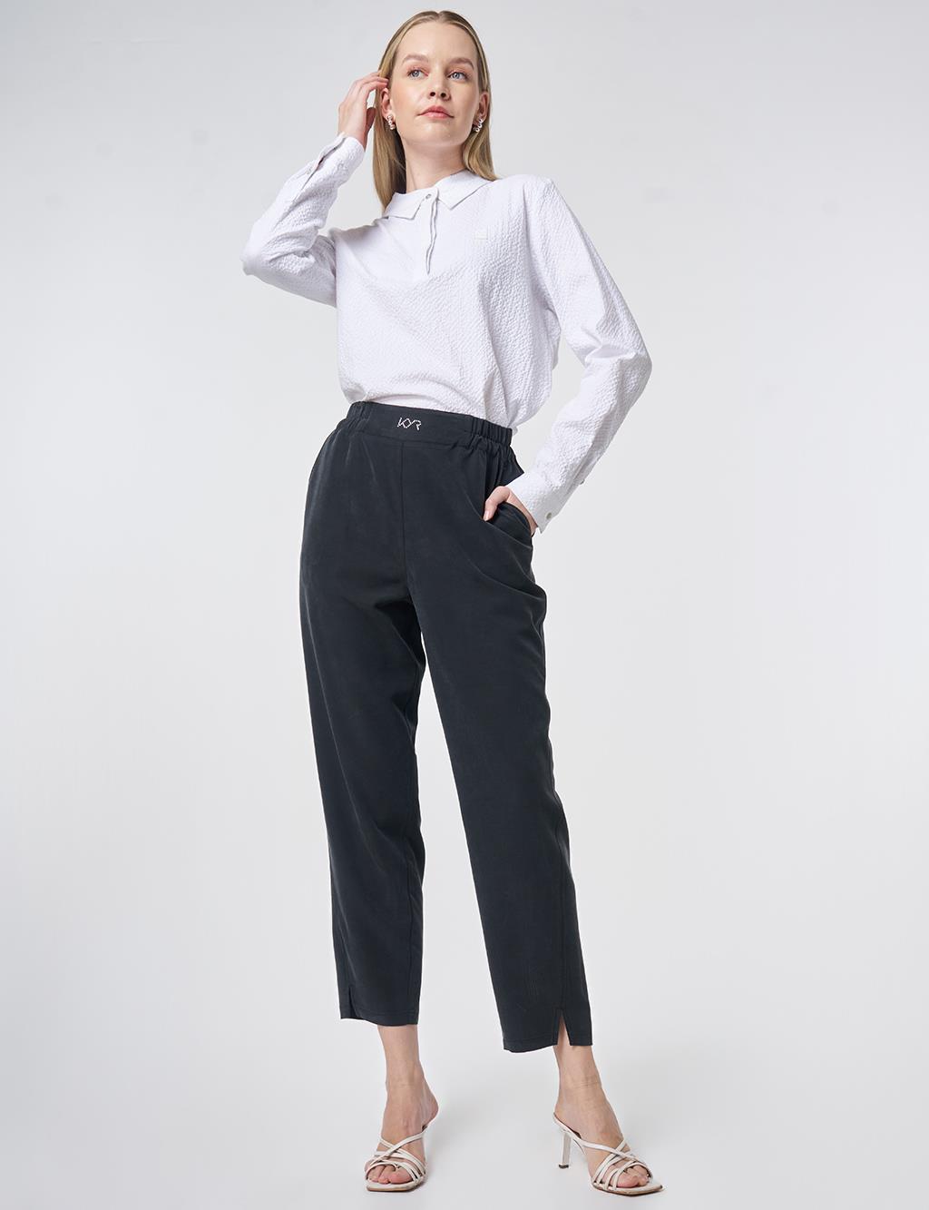 Metallic Printed Modal Carrot-Fit Trousers – Black