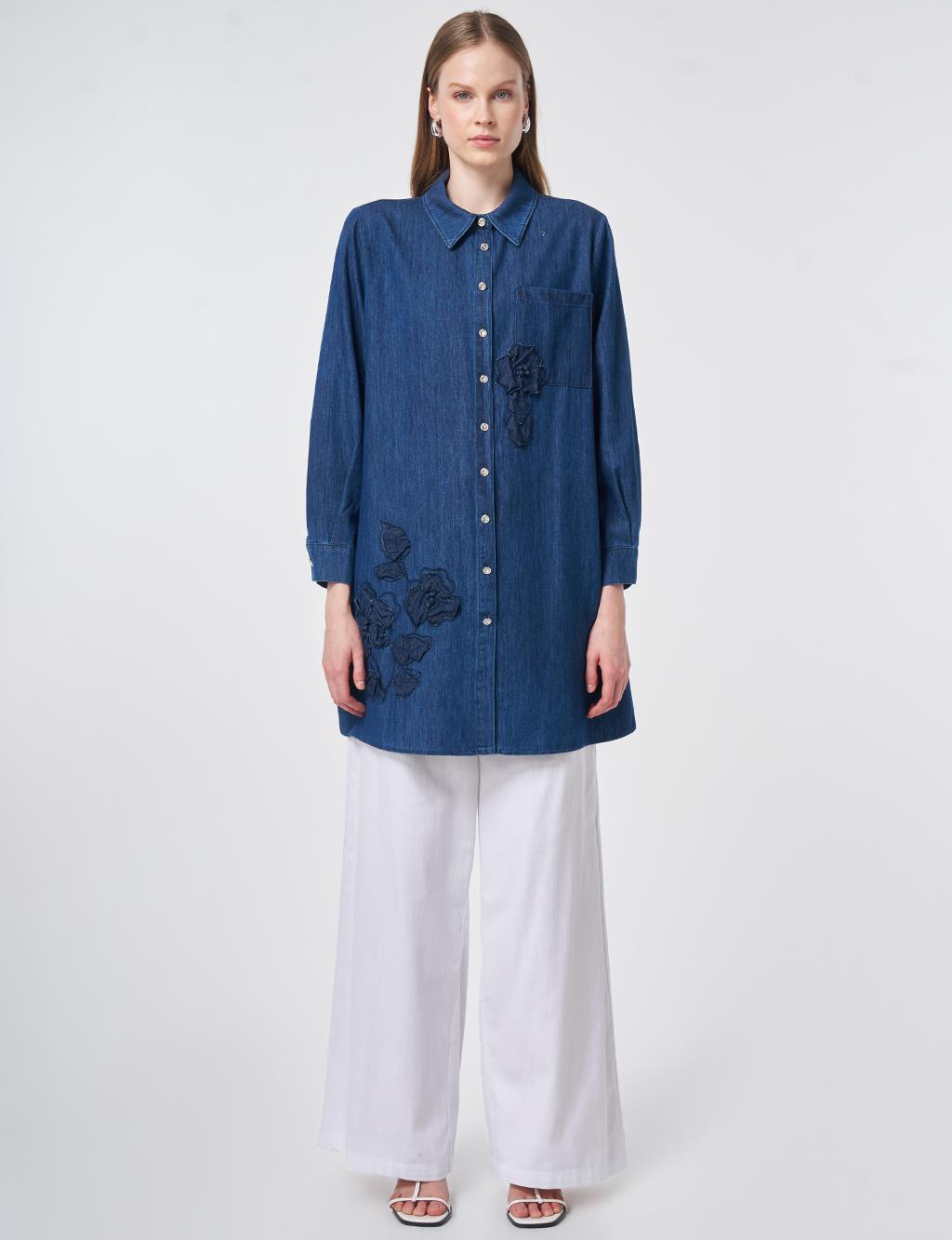 Washed Tunic with Embroidered Appliqué – Indigo