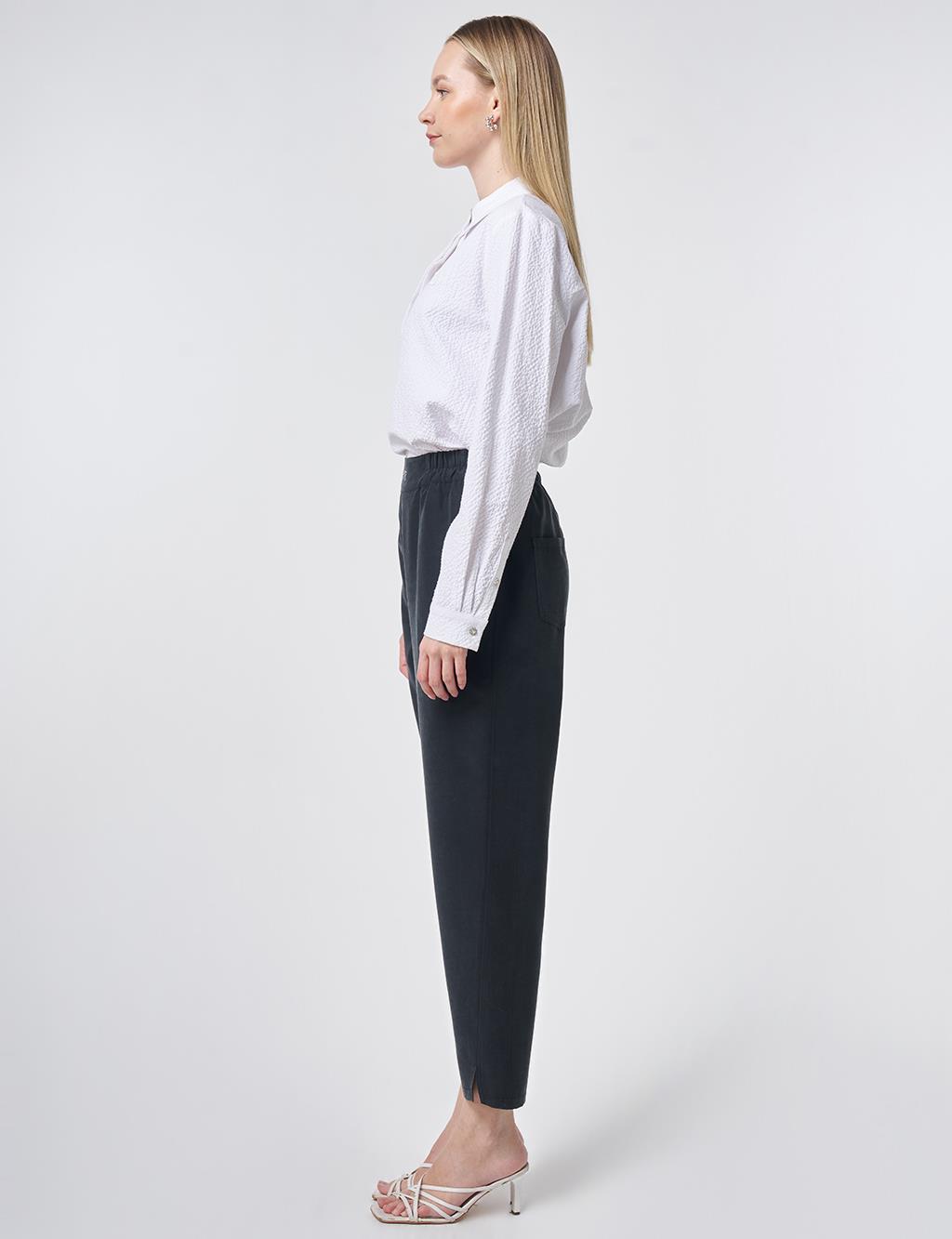 Metallic Printed Modal Carrot-Fit Trousers – Black