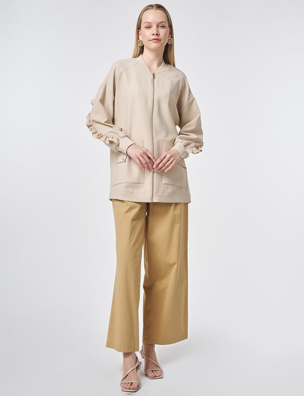 Ruffle-Detail College Collar Jacket – Stone