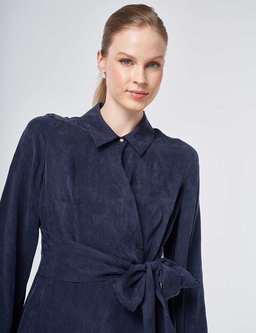 %100 Lyocell Bel Detaylı Elbise Koyu Lacivert 