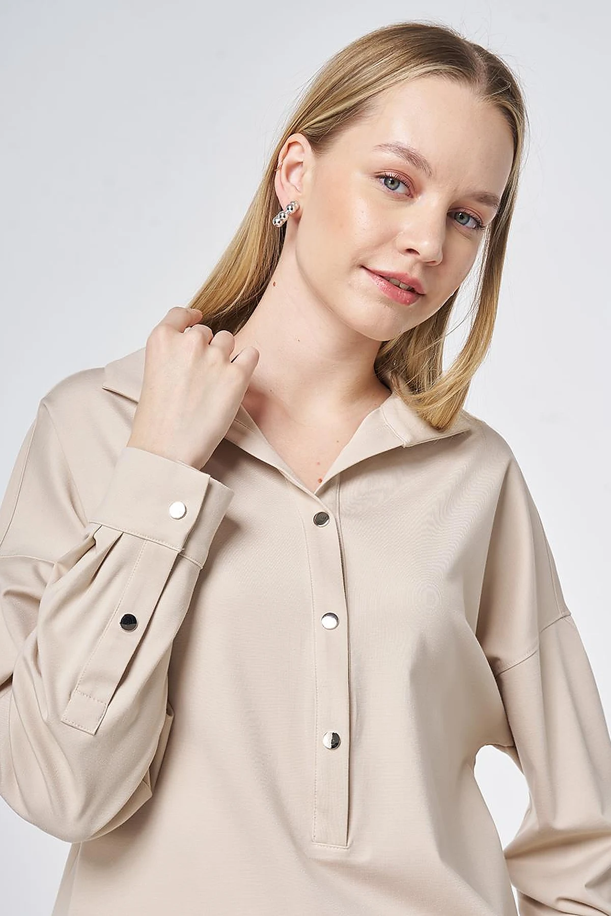 Polo Collar Rayon Sweatshirt – Stone