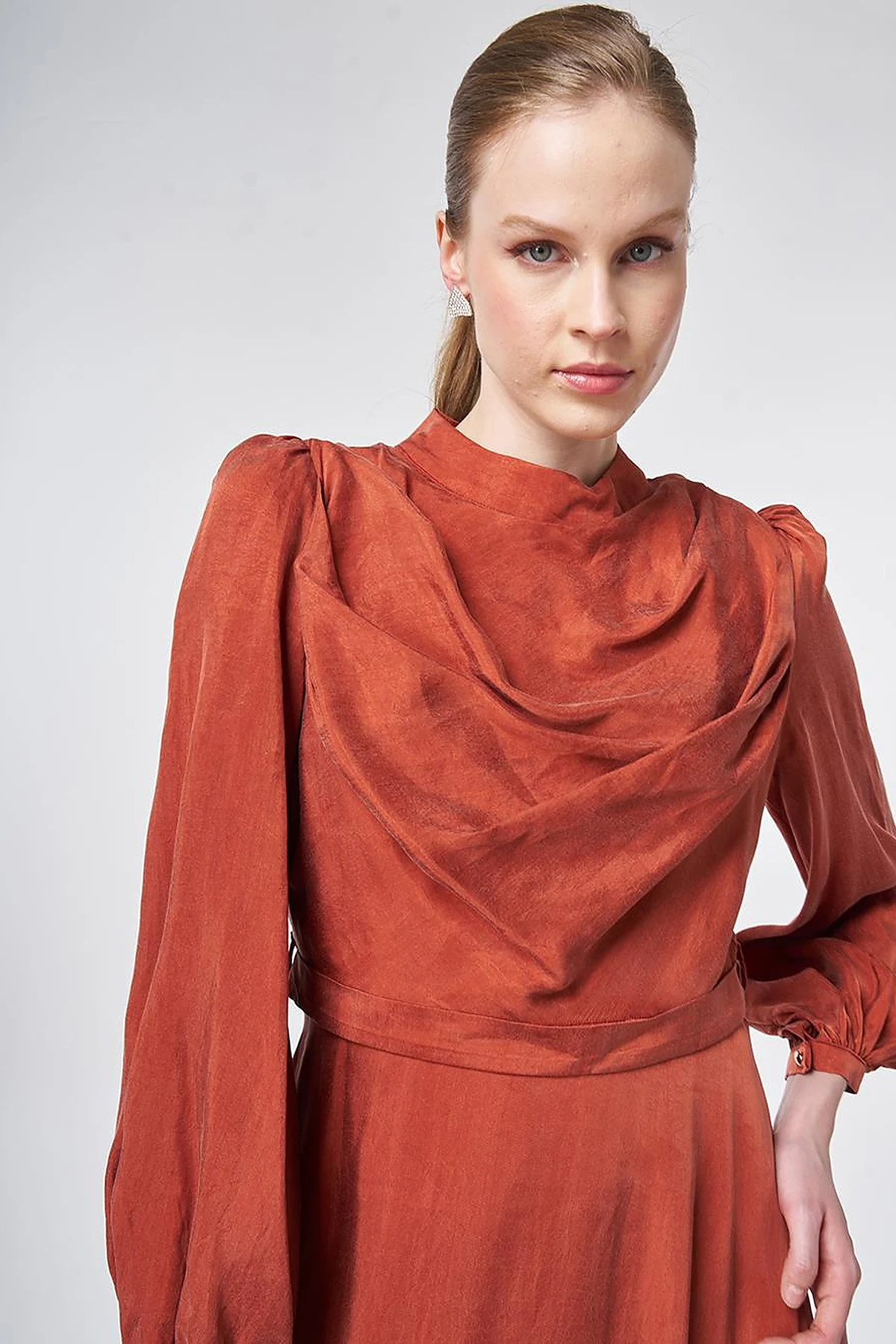100% Lyocell Cowl Neck Dress – Terracotta