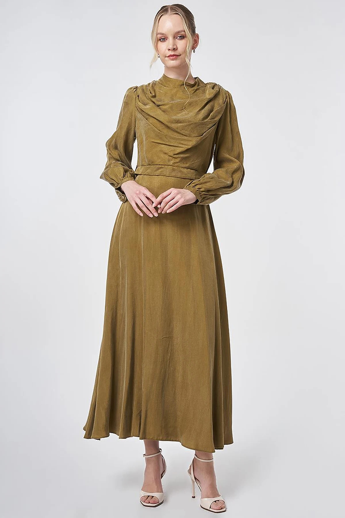100% Lyocell Cowl Neck Dress – Dark Olive