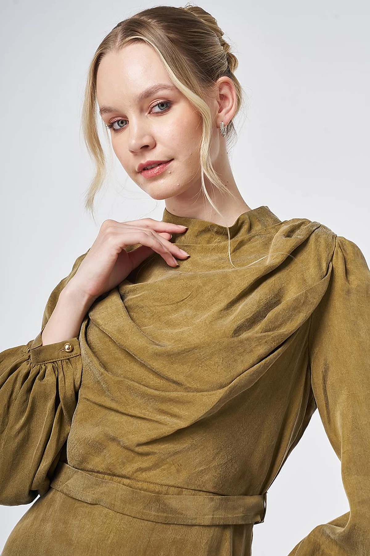 100% Lyocell Cowl Neck Dress – Dark Olive