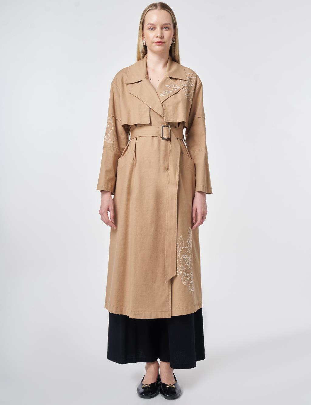 Embroidered Trench Coat – Beige