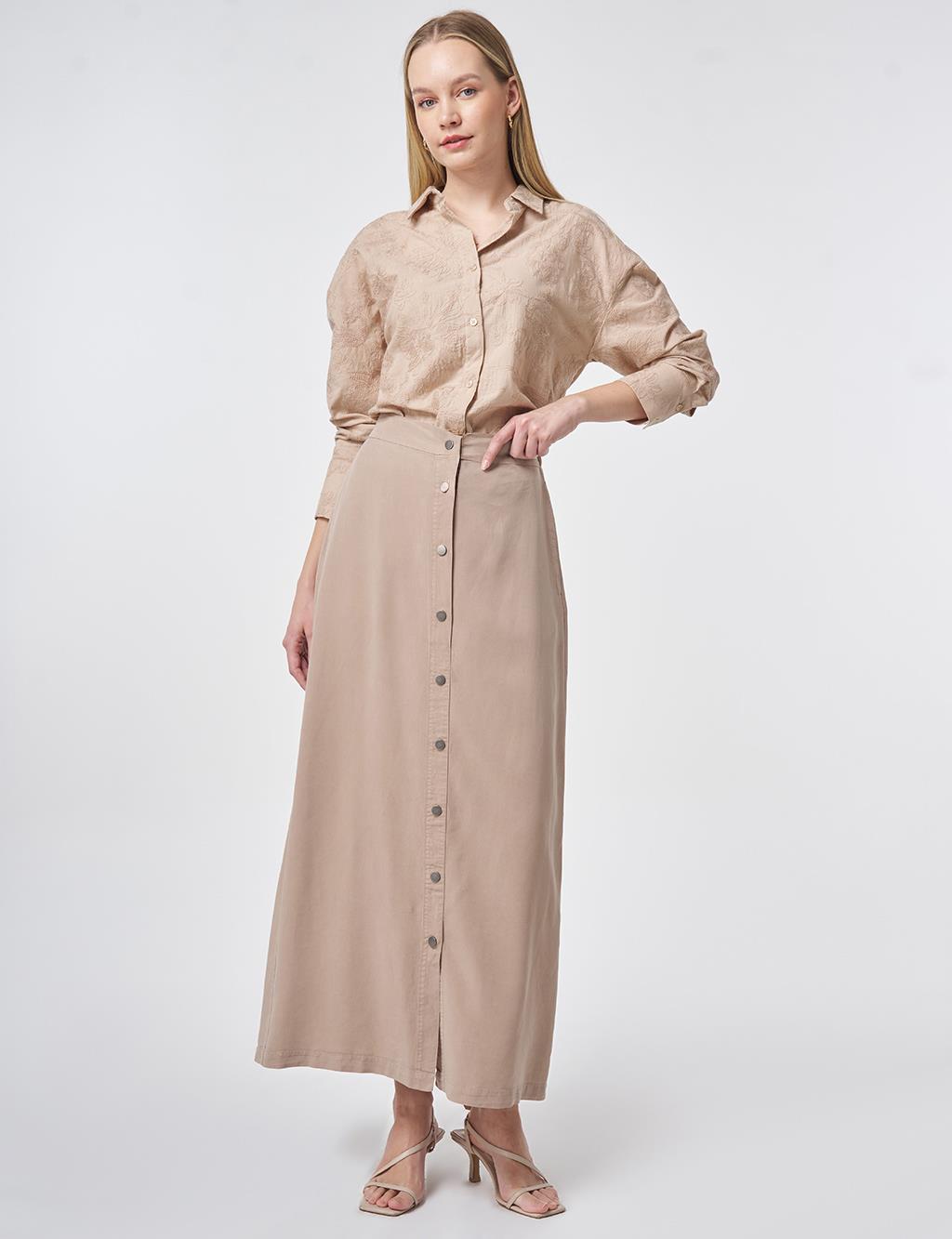 100% Lyocell Button Detail Skirt Nude
