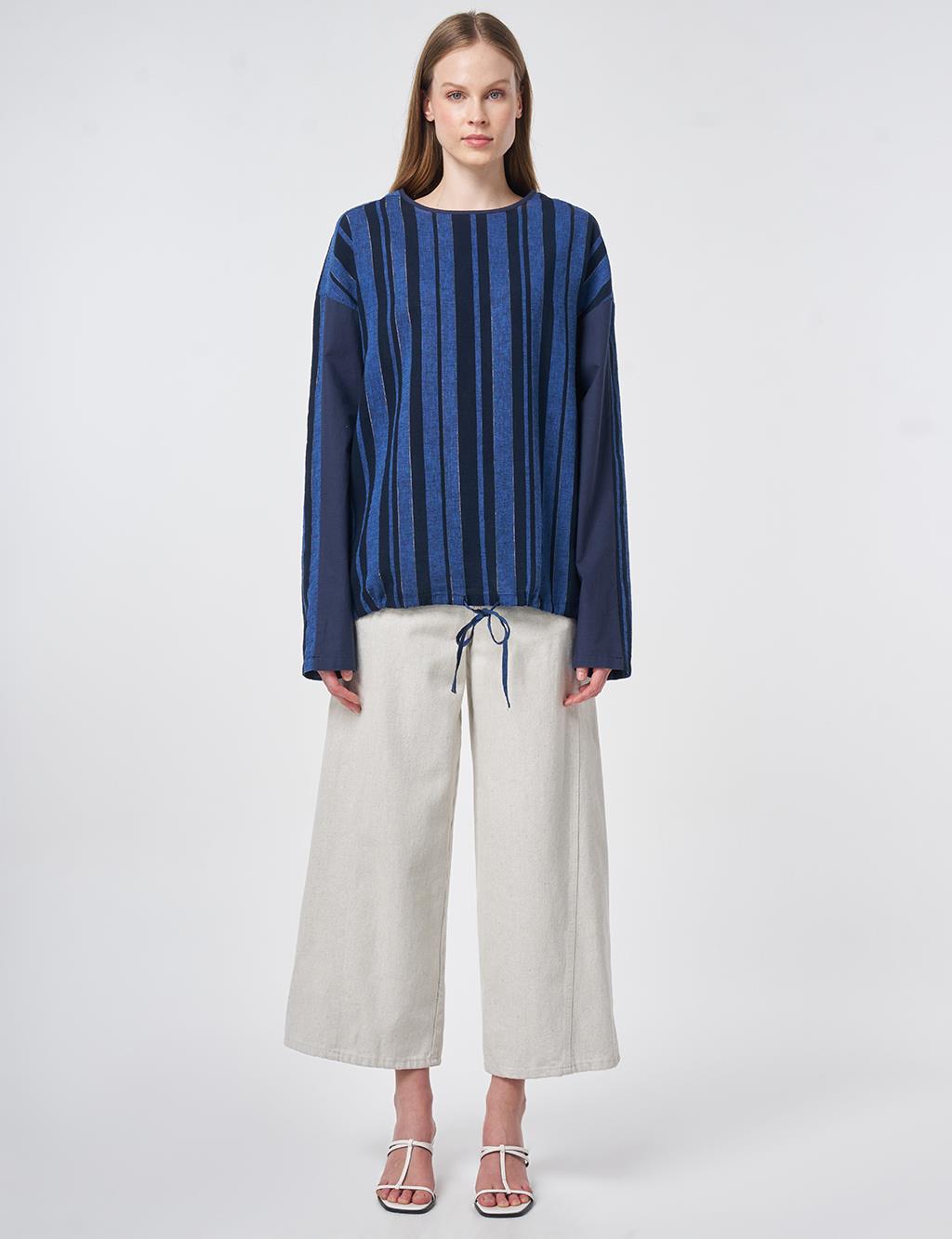 Crew Neck Cotton Linen Blouse, Dark Navy