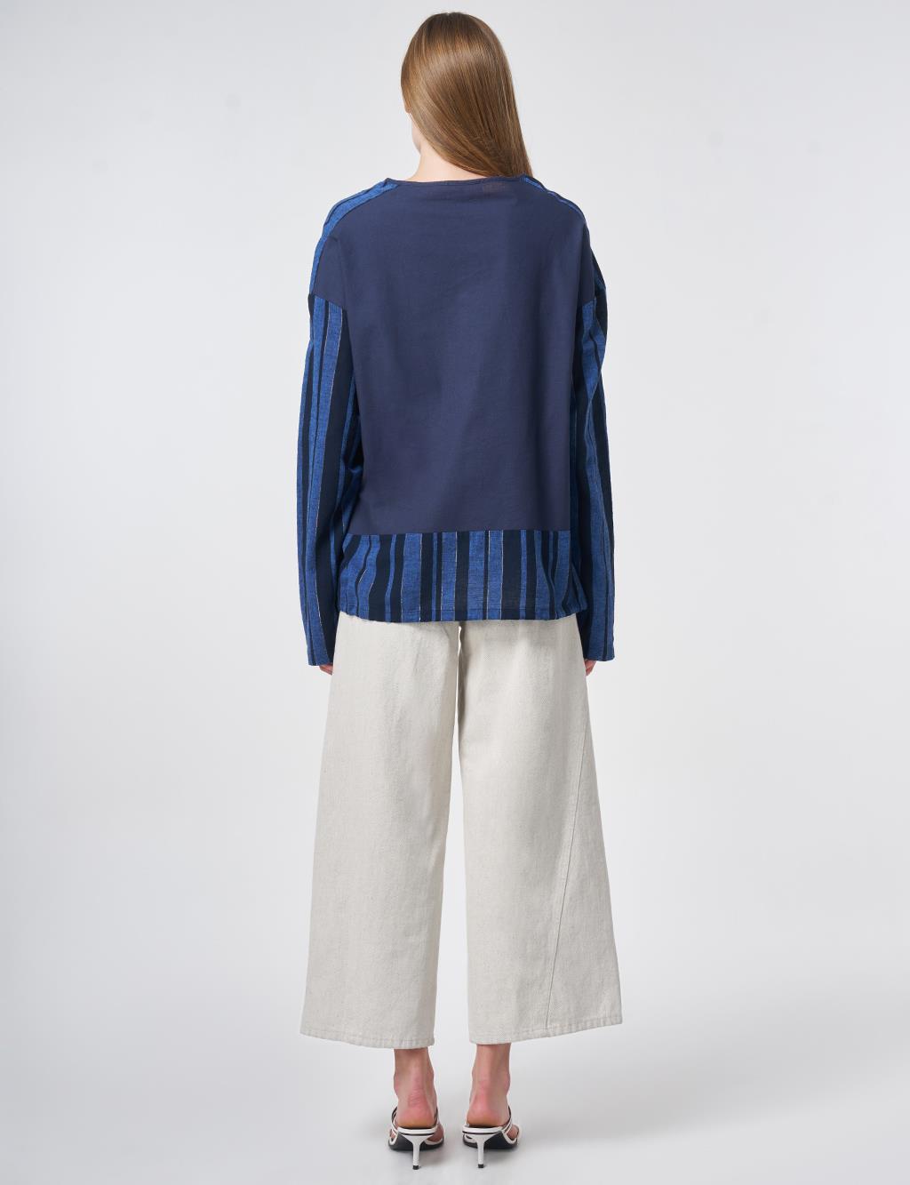 Crew Neck Cotton Linen Blouse, Dark Navy