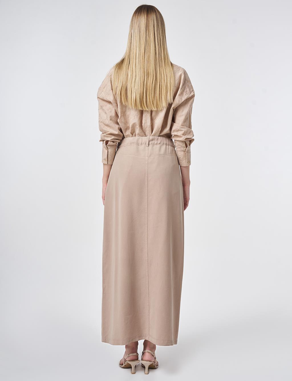 100% Lyocell Button Detail Skirt Nude