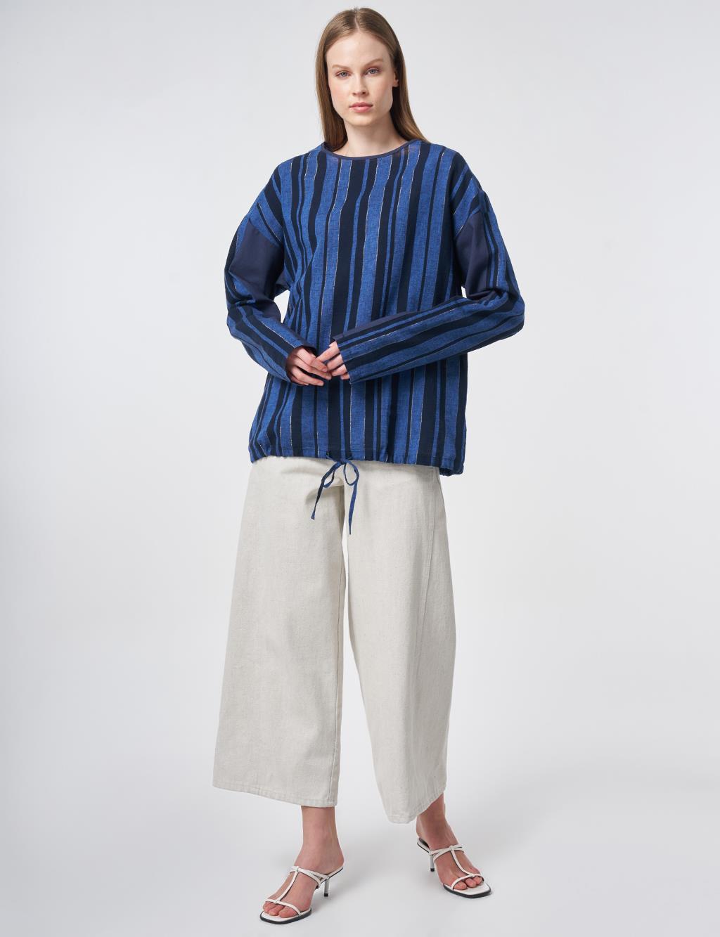 Crew Neck Cotton Linen Blouse, Dark Navy