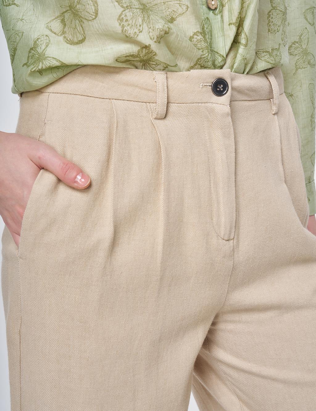 Pleated Cotton-Linen Trousers Stone