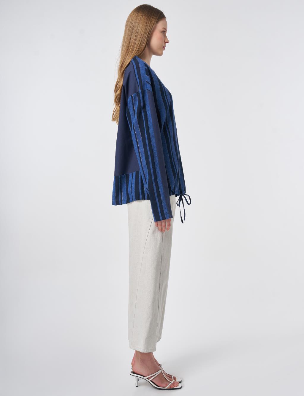 Crew Neck Cotton Linen Blouse, Dark Navy