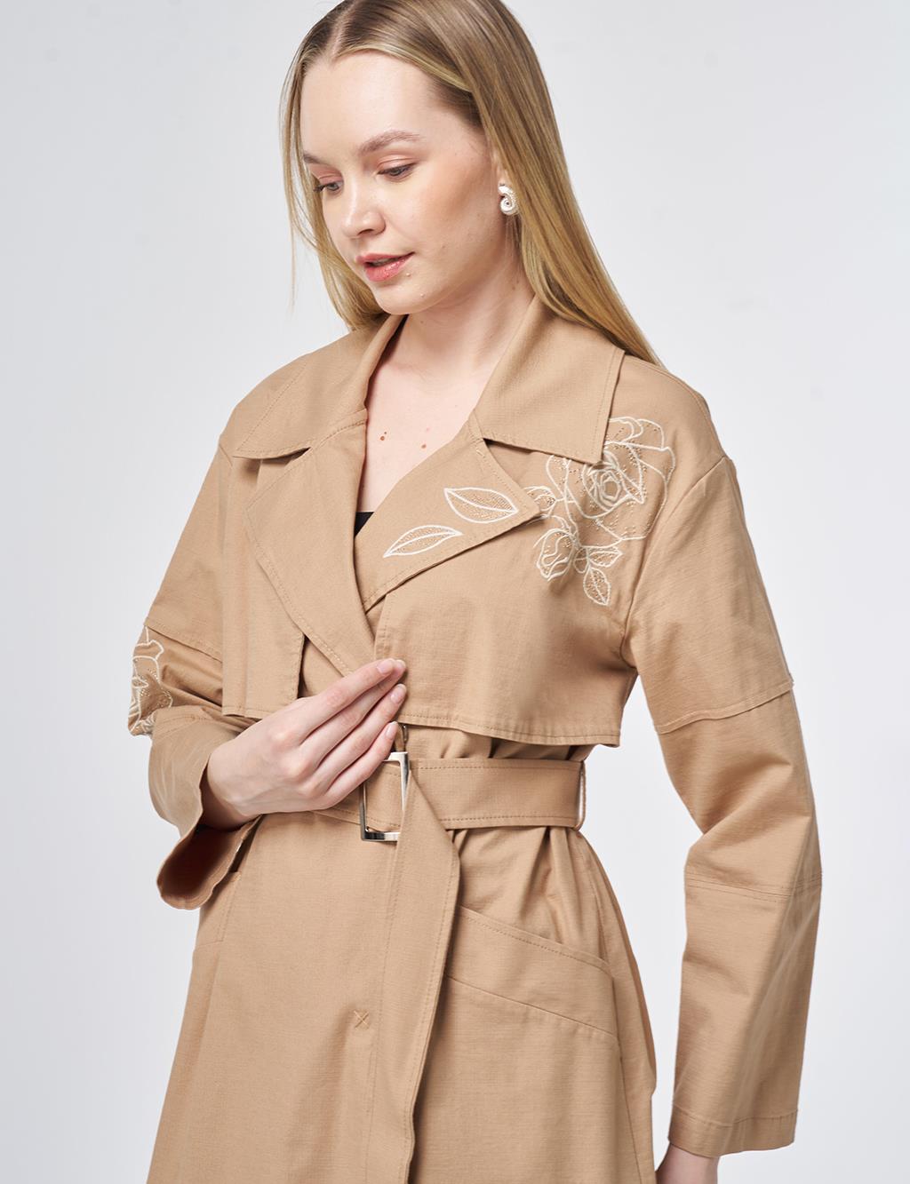 Embroidered Trench Coat – Beige