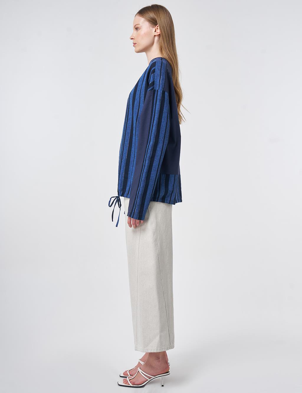 Crew Neck Cotton Linen Blouse, Dark Navy