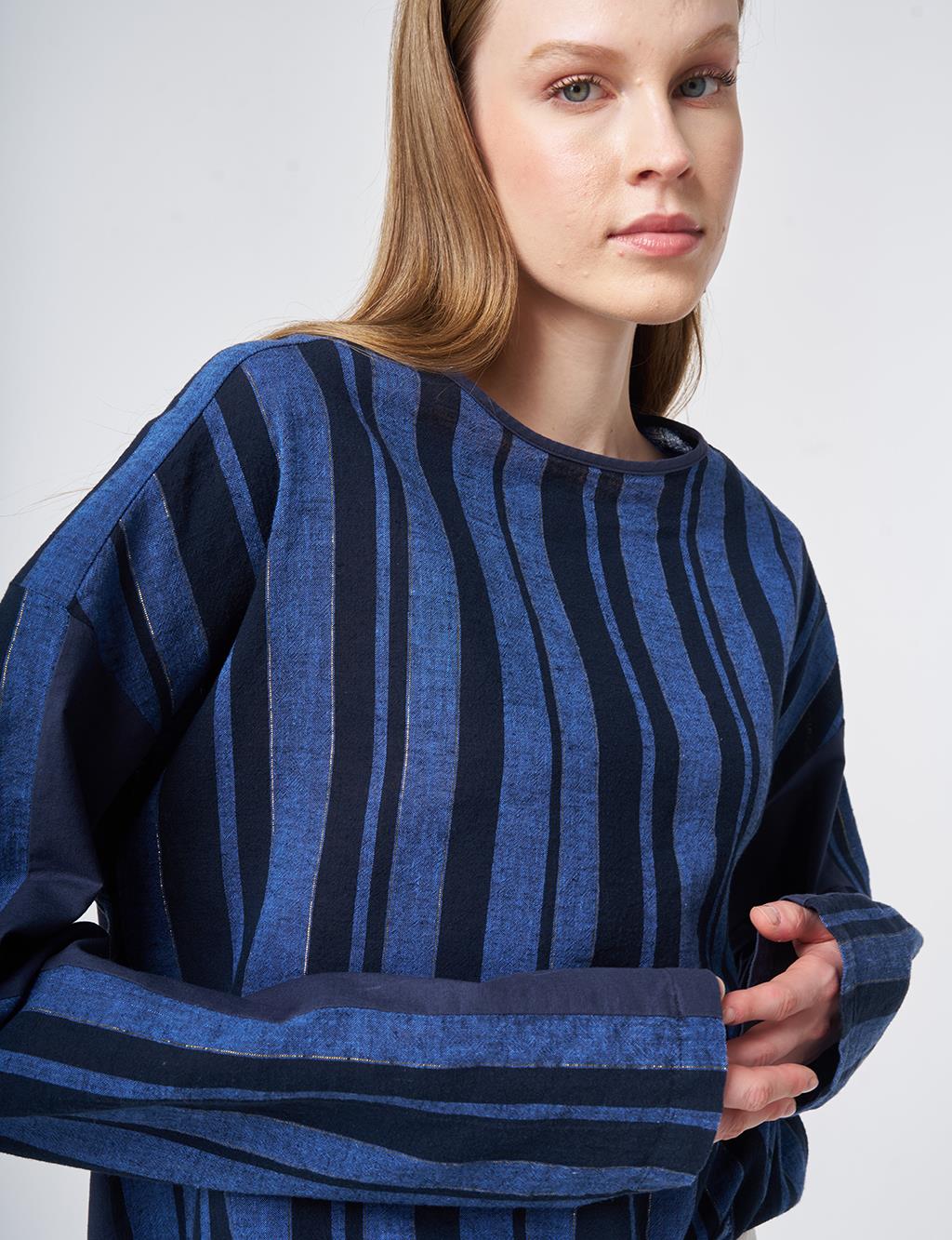 Crew Neck Cotton Linen Blouse, Dark Navy