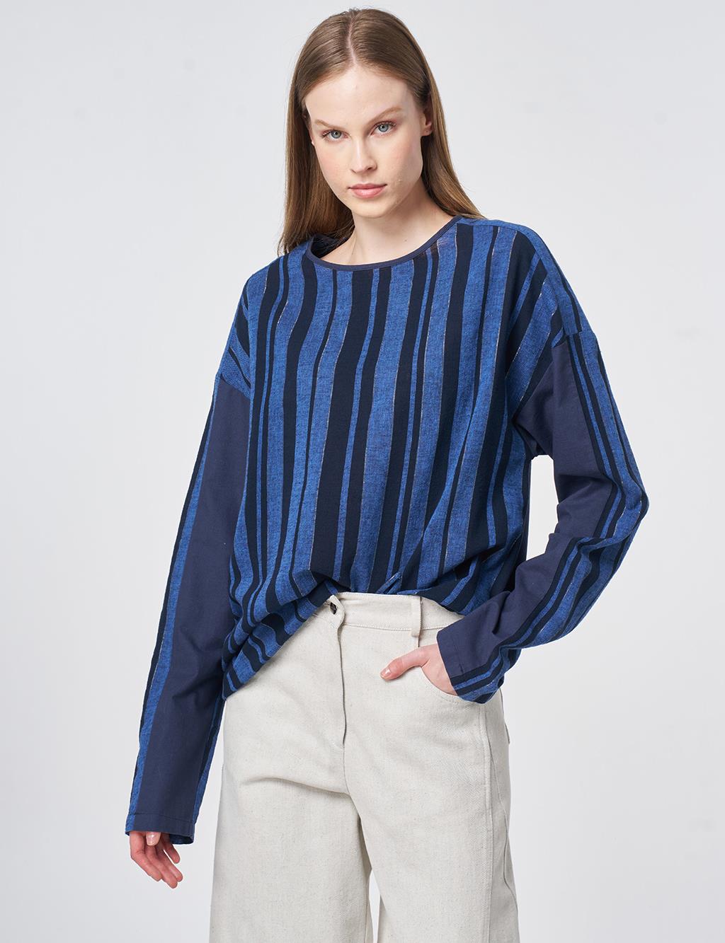 Crew Neck Cotton Linen Blouse, Dark Navy