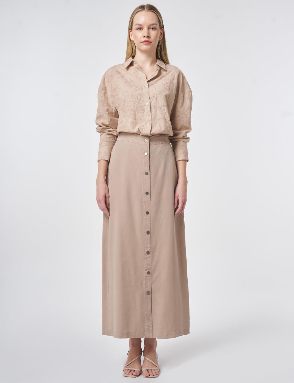 100% Lyocell Button Detail Skirt Nude
