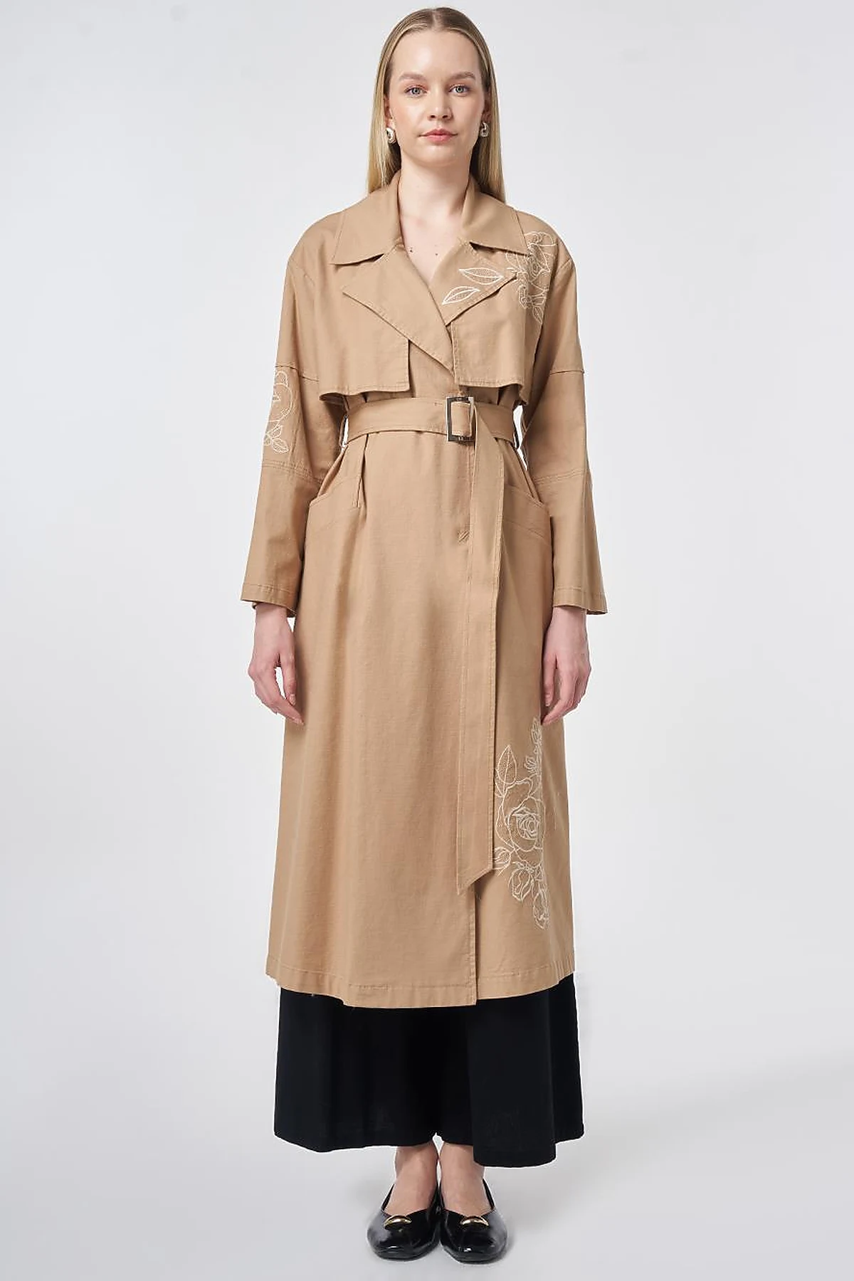 Embroidered Trench Coat – Beige