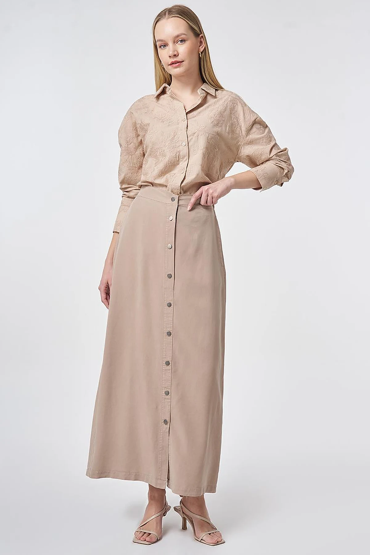 100% Lyocell Button Detail Skirt Nude