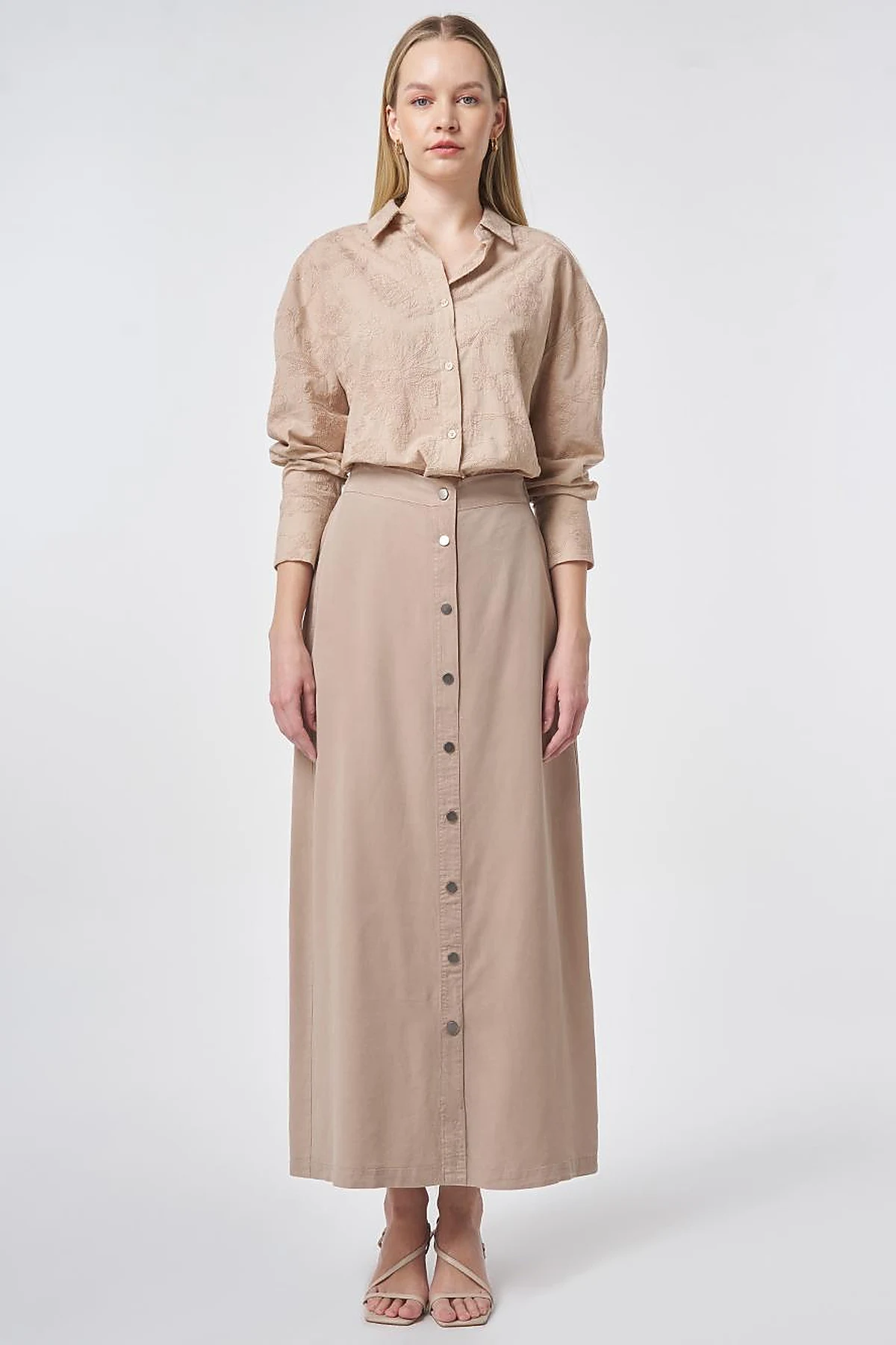 100% Lyocell Button Detail Skirt Nude