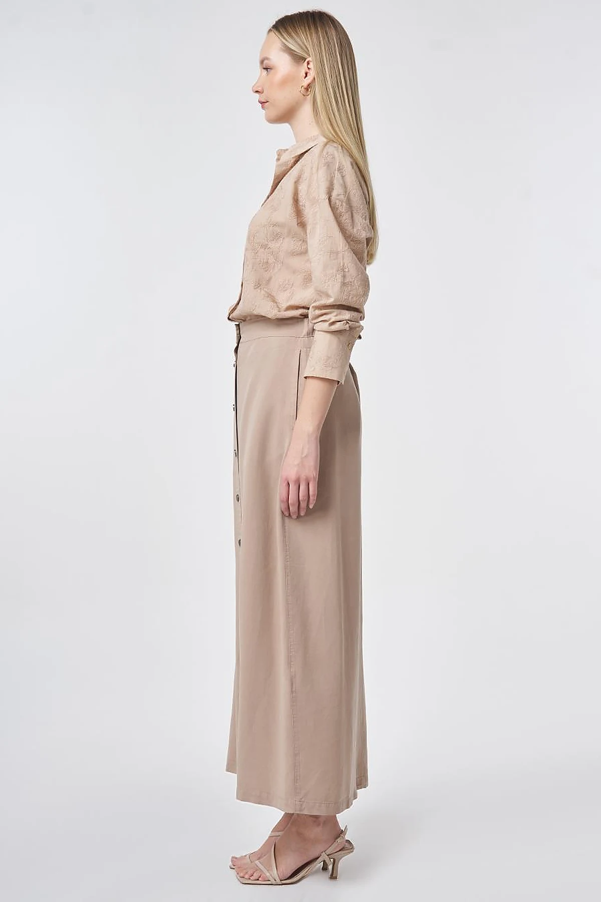 100% Lyocell Button Detail Skirt Nude