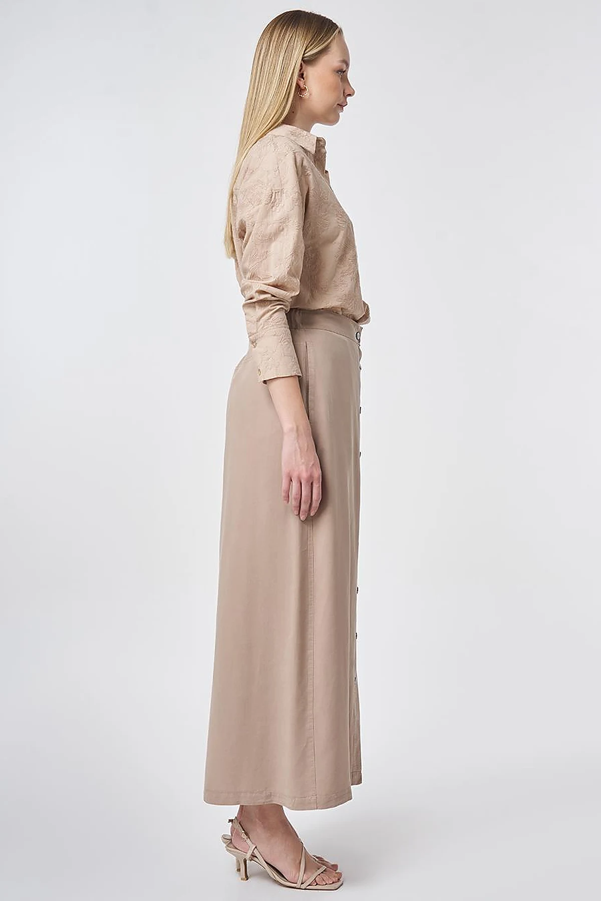 100% Lyocell Button Detail Skirt Nude