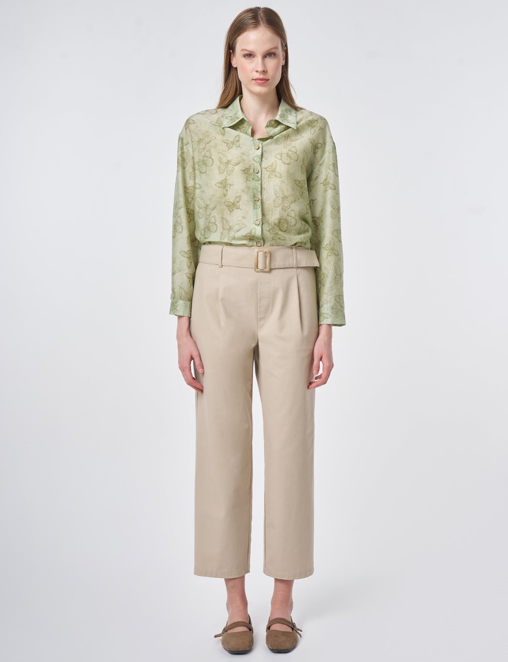 Belt-Detail Viscose Trousers Cream