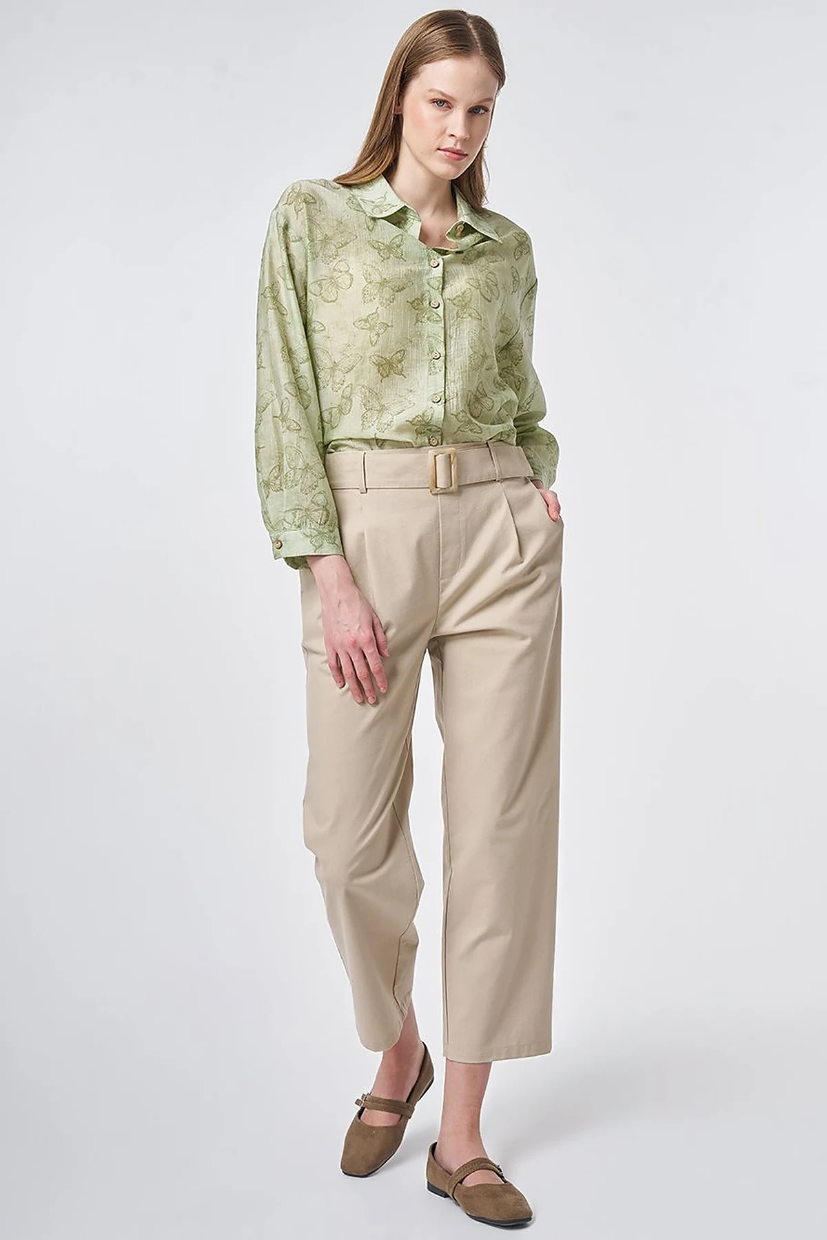 Belt-Detail Viscose Trousers Cream