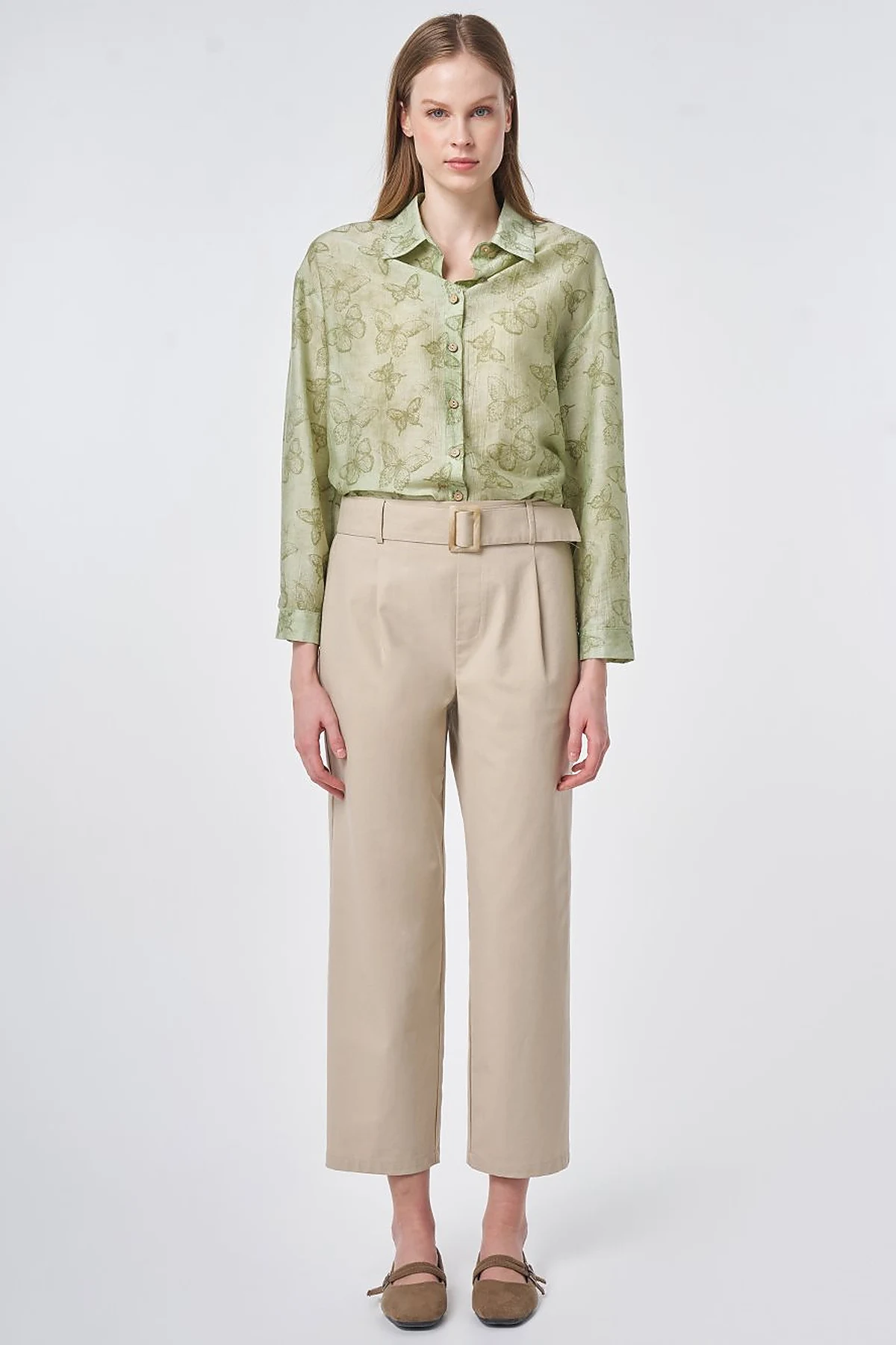 Belt-Detail Viscose Trousers Cream
