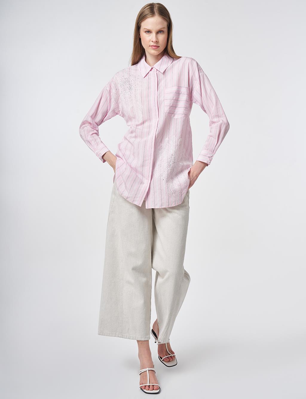 Striped Embroidered Appliqué Viscose Tunic – Powder Pink