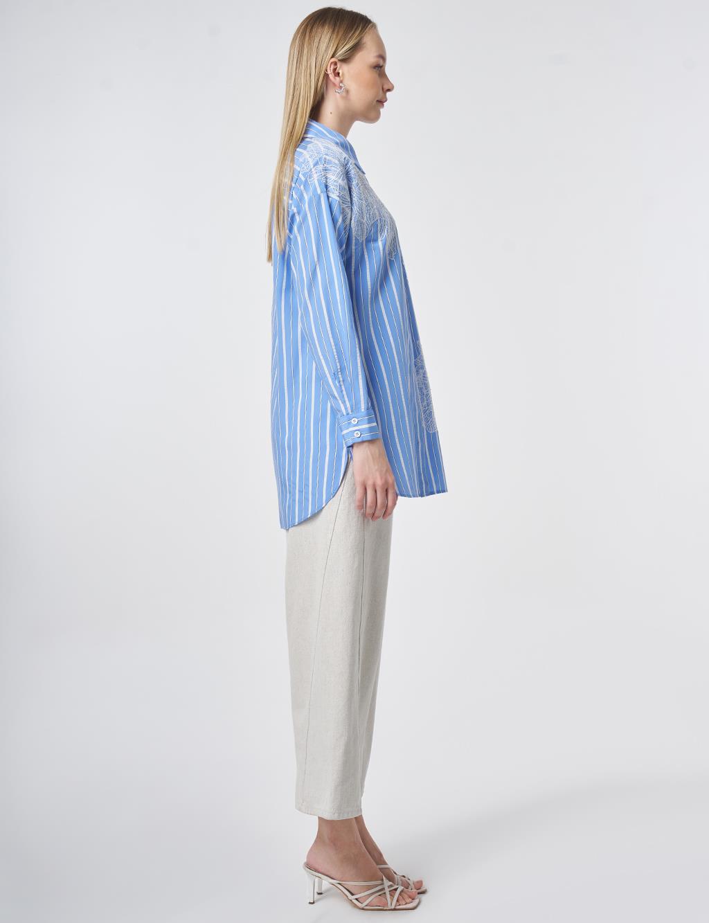 Striped Embroidered Appliqué Viscose Tunic – Air Force Blue