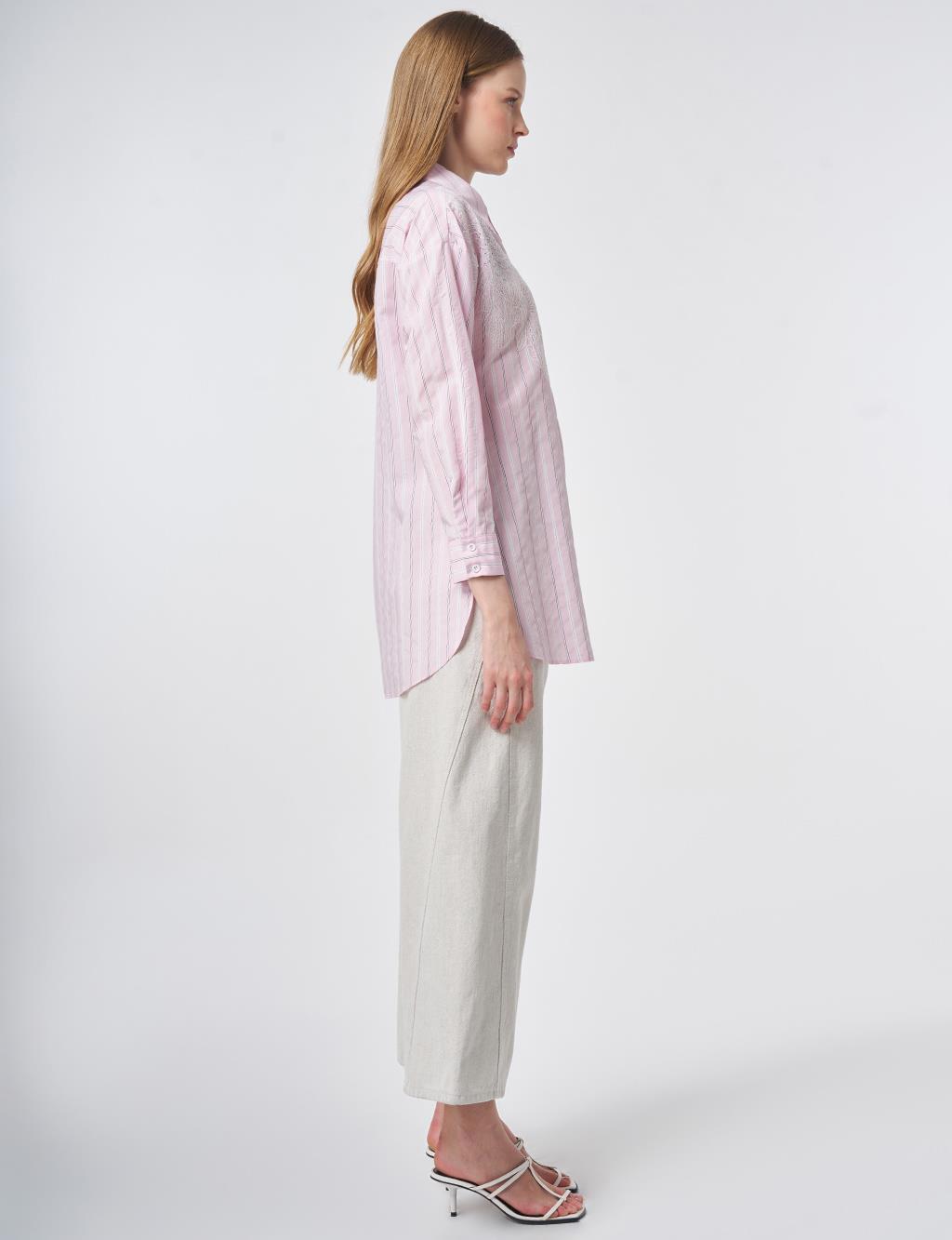 Striped Embroidered Appliqué Viscose Tunic – Powder Pink
