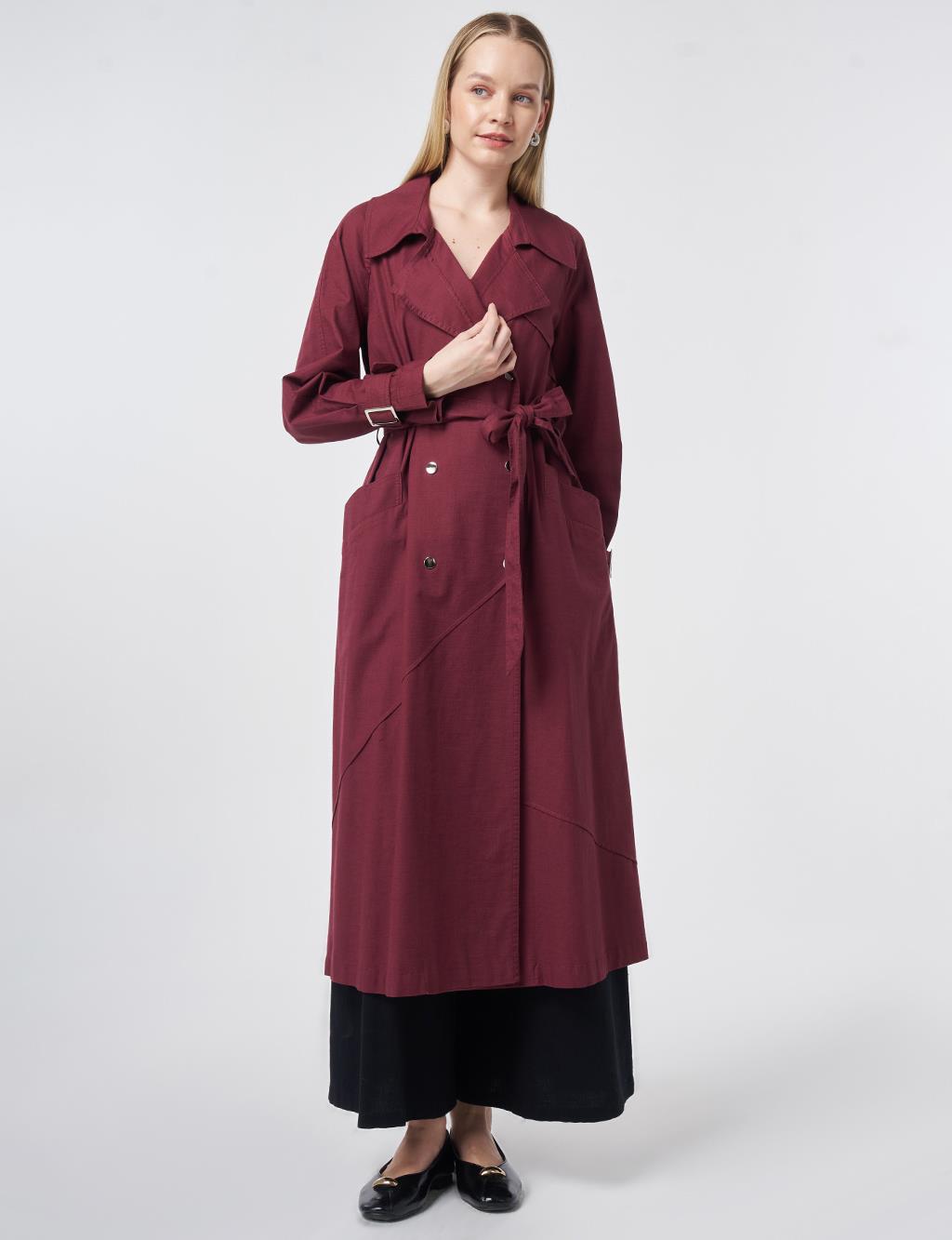 Stitch-Detail Trench Coat – Burgundy