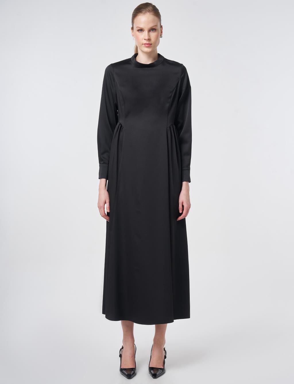 Pleated Satin Dress – Black