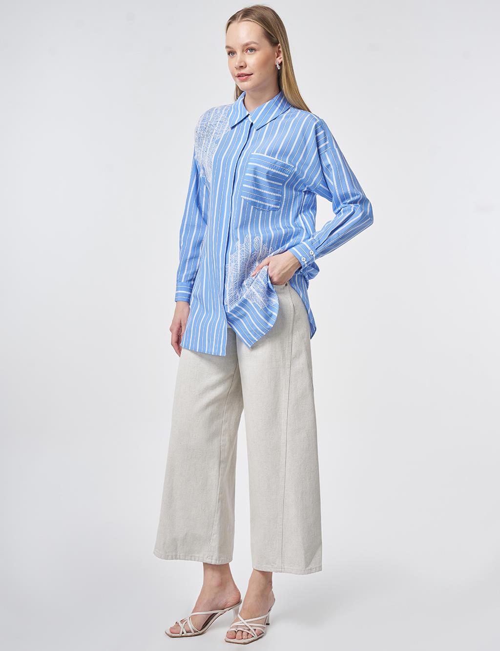 Striped Embroidered Appliqué Viscose Tunic – Air Force Blue