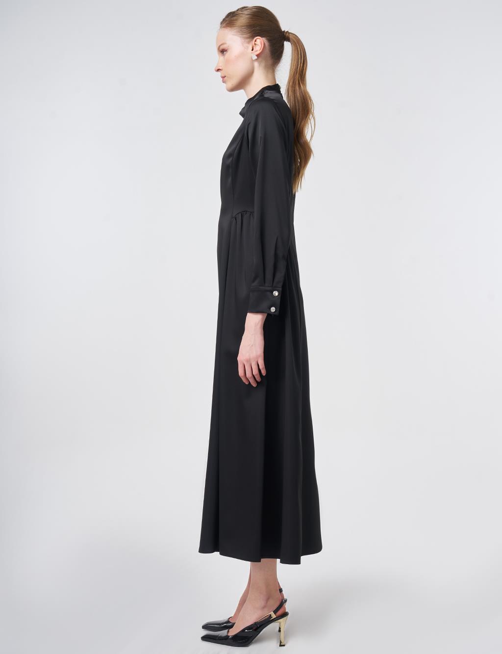 Pleated Satin Dress – Black