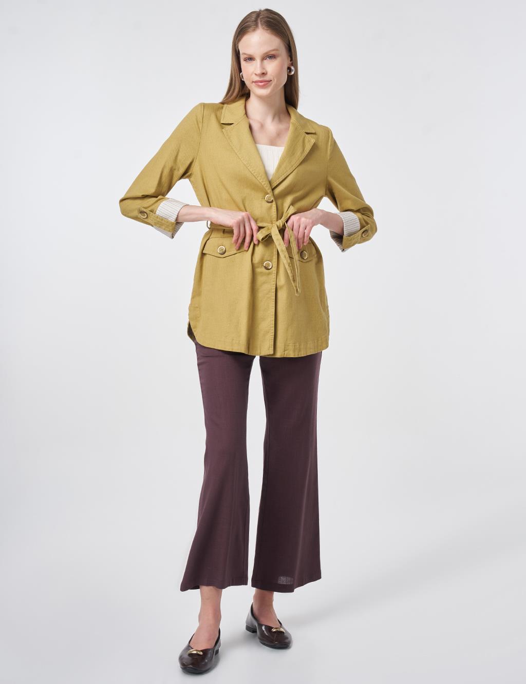 Belted Jacket with Cuff Details – Oil Green