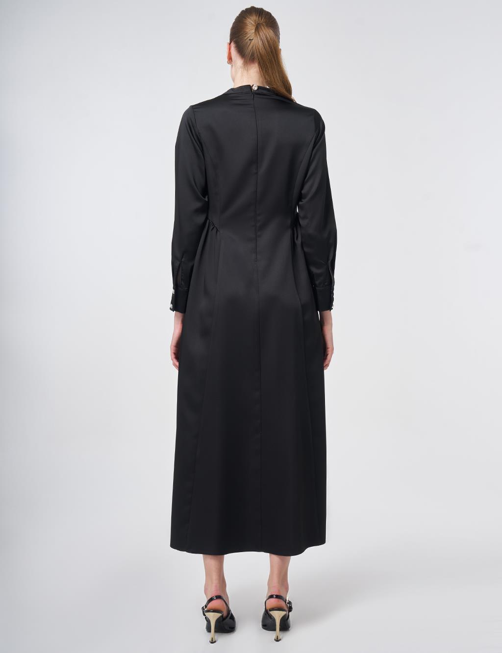 Pleated Satin Dress – Black