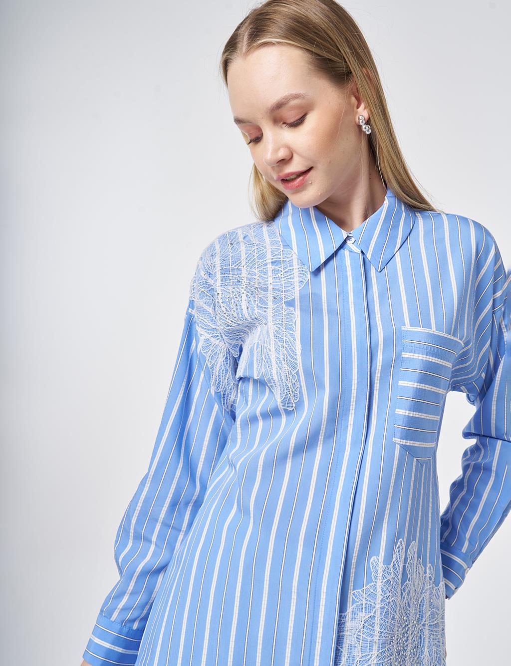 Striped Embroidered Appliqué Viscose Tunic – Air Force Blue
