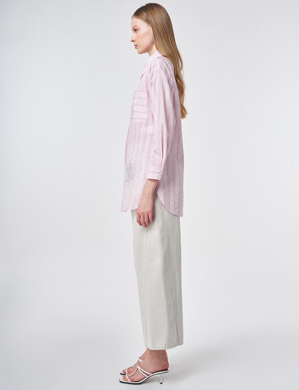 Striped Embroidered Appliqué Viscose Tunic – Powder Pink