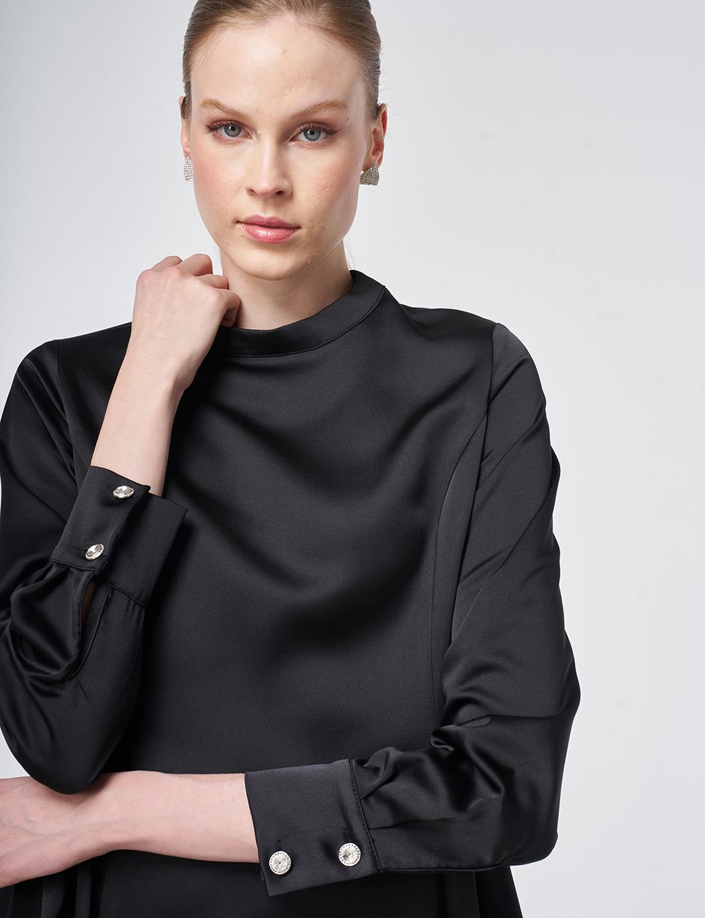 Pleated Satin Dress – Black