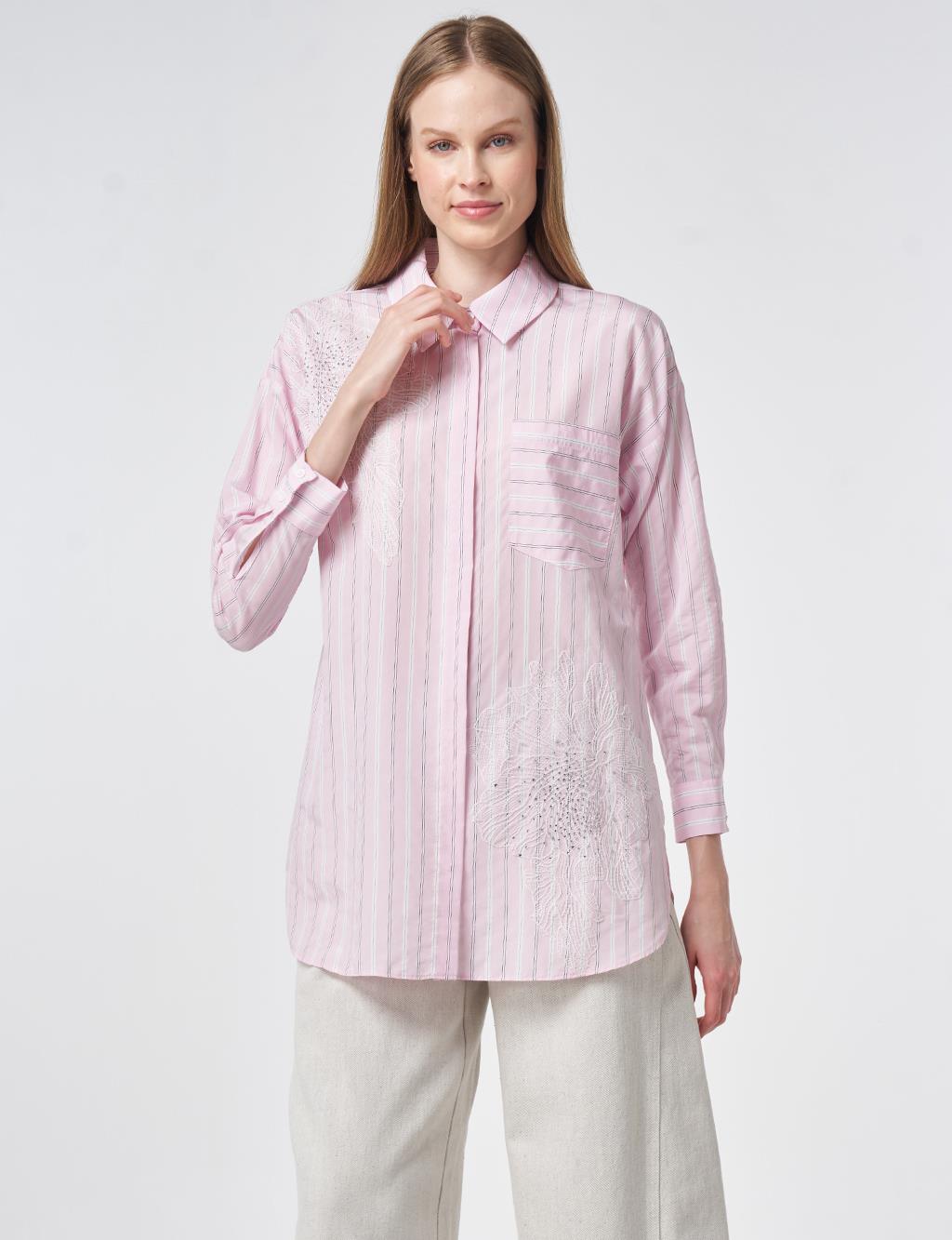 Striped Embroidered Appliqué Viscose Tunic – Powder Pink