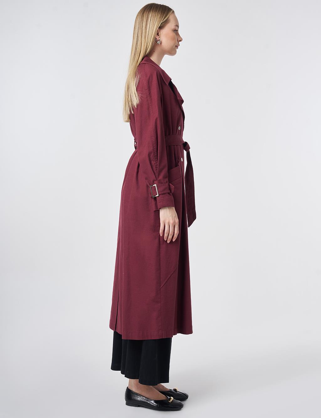 Stitch-Detail Trench Coat – Burgundy