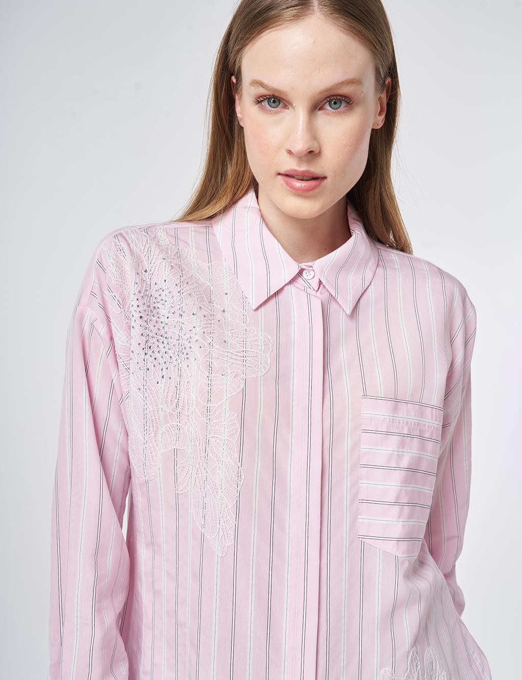 Striped Embroidered Appliqué Viscose Tunic – Powder Pink