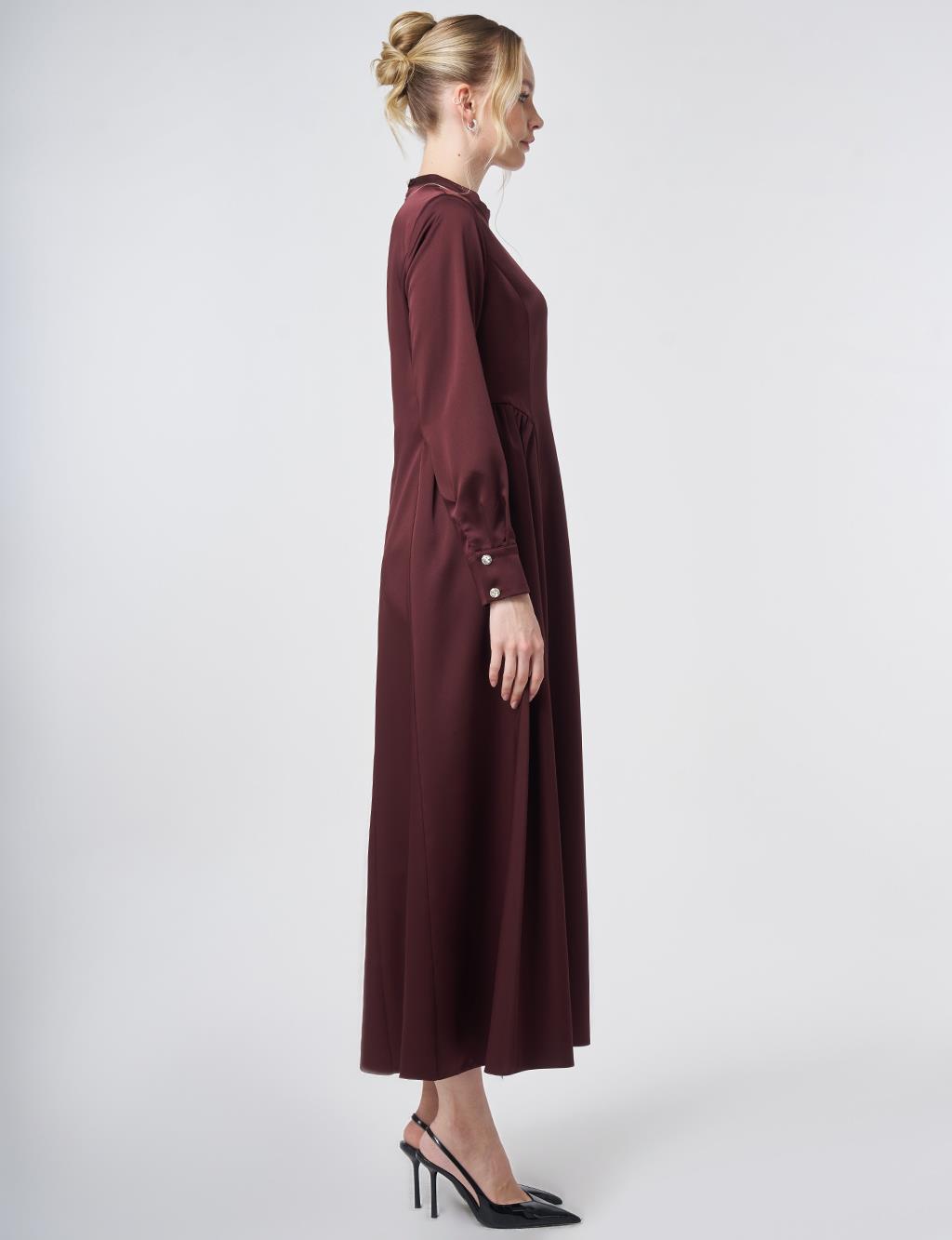 Pleated Satin Dress – Burgundy