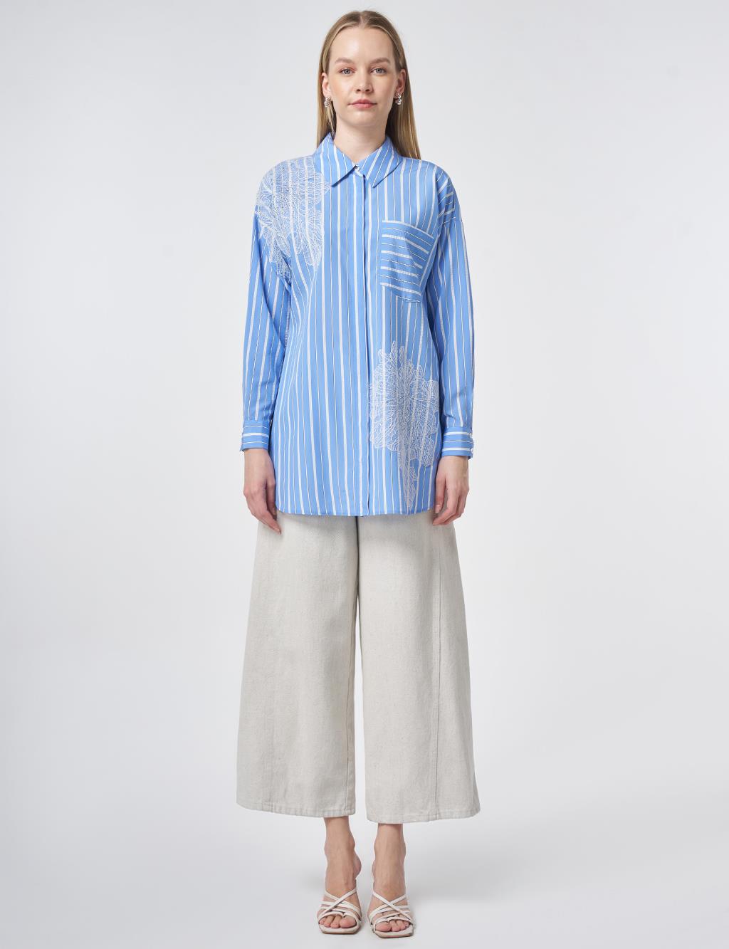 Striped Embroidered Appliqué Viscose Tunic – Air Force Blue