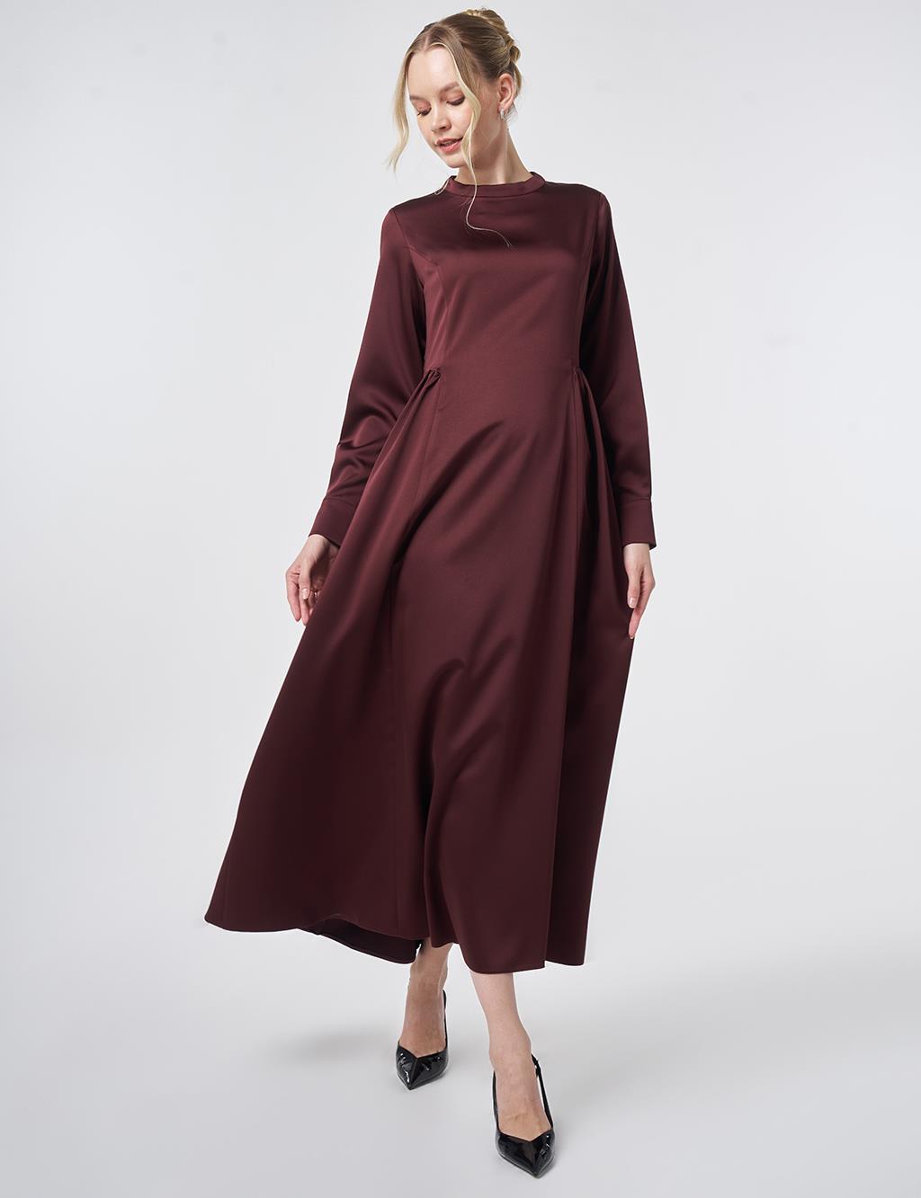 Pleated Satin Dress – Burgundy
