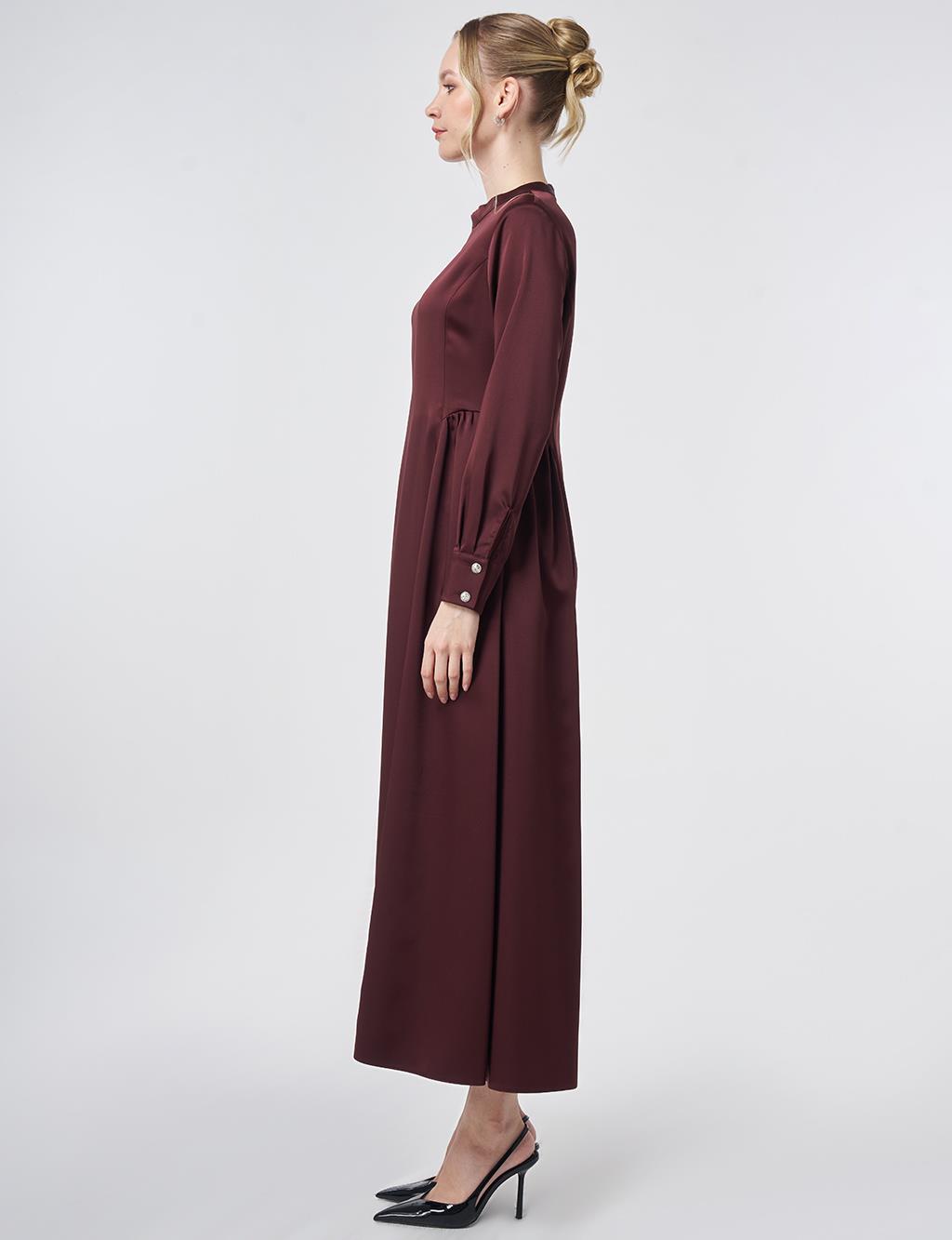 Pleated Satin Dress – Burgundy